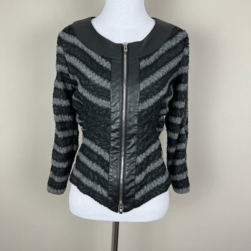 Joseph Ribkoff Jacket Womens 6 Black Leather Striped Ruffle Full Zip Cropped